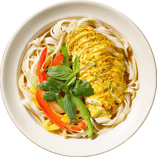 Chicken Pho with Rice Noodles, Fresh Herbs & Peppers