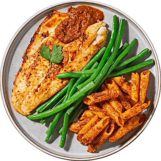 Roasted Sea Bass, with Tomato & Herb Penne Pasta